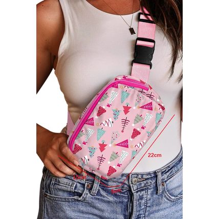 Pink Christmas Tree Print Buckle Wide Strap Sling Bag