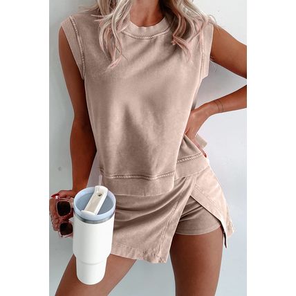 Smoke Gray 2 Pieces Mineral Wash Cotton Tank Top Lined Split Skirt Set