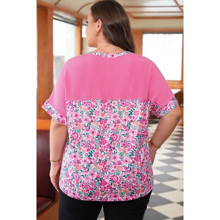 Pink Plus Size Floral Print Corded Patchwork Loose Top