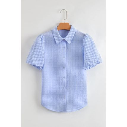Light Blue Gingham Short Puff Sleeve Button Up Shirt