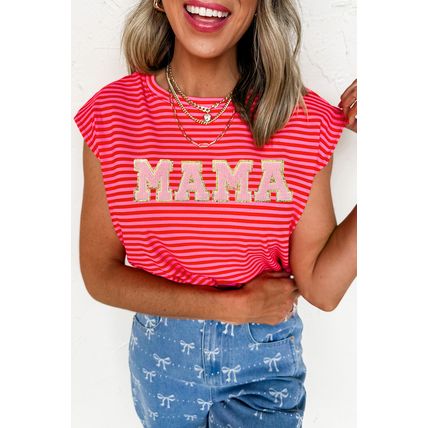 Red Stripe MAMA Graphic Cap Sleeve T Shirt