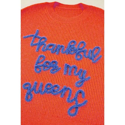 Vitality Orange Thankful for my queens Ribbed Knit Drop Shoulder Graphic Sweater