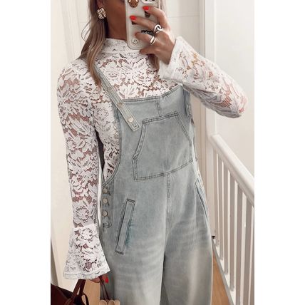 White Lace Crochet Bell Sleeve Mock Neck Blouse