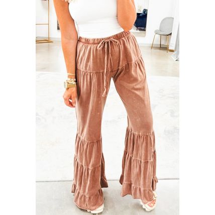 Straw Yellow Mineral Wash Lace-up High Waist Tiered Bell Bottom Pants