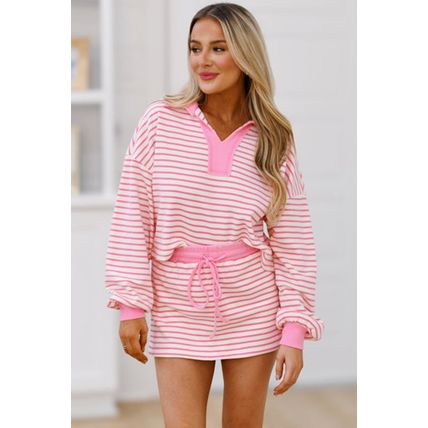 Pink Stripe Collared V Neck Drop Shoulder Pullover and Skort 2pcs Outfit