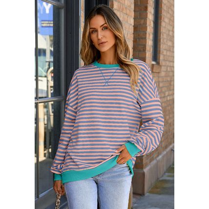 Racing Red Striped Contrast Ribbed Trim Crossed Stitch Drop Shoulder Sweatshirt