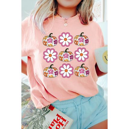 Pink Floral Pumpkin Thanksgiving Holiday Funny Graphic T Shirt