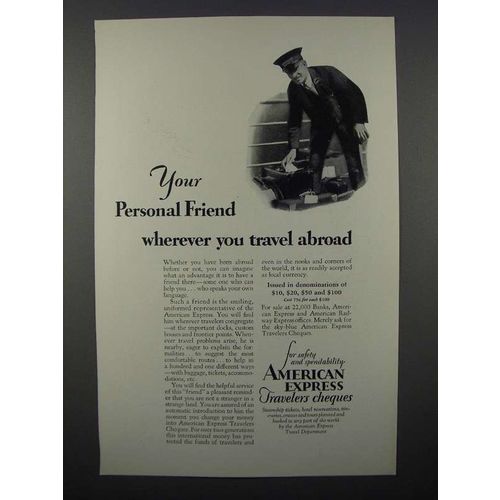 1929 American Express Travelers Cheques Ad - Friend