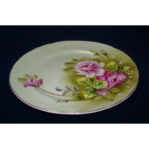 Lefton Green Heritage salad plate 3068 pink rose vintage good condition