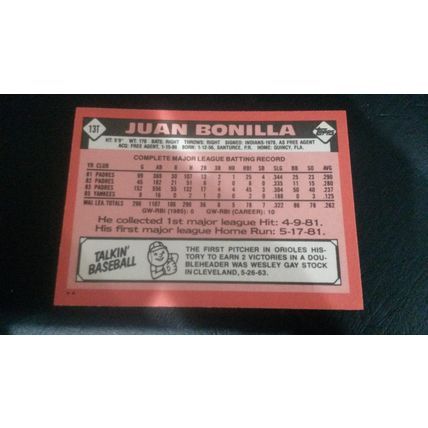 1986 Topps Traded Card # 013T Juan Bonilla Excellent (5) Baltimore Orioles