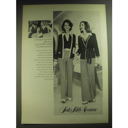 1974 Saks Fifth Avenue Fashion Ad - Cardiganed knits are your round-trip ticket