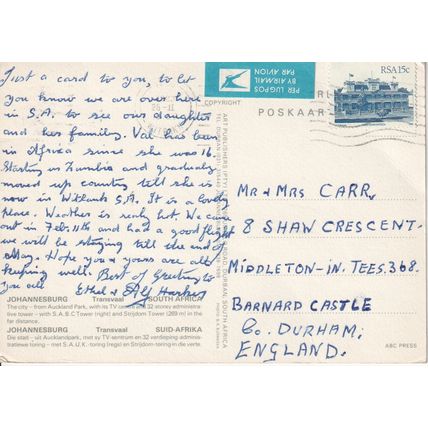 South Africa Postcard 1983 - Johannesburg, Transvaal