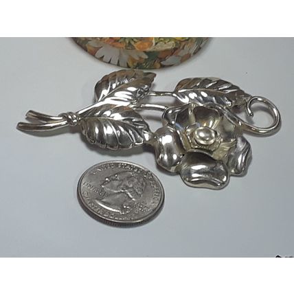 Vintage 3 1/4" X 1 3/4" Flower & Leaf Sterling Silver Brooch #19439
