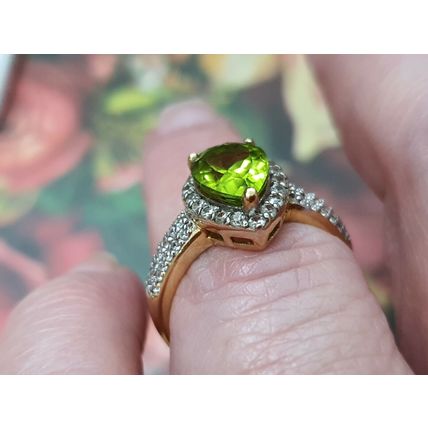 2.5ct Hebei Peridot Zircon Pear Halo Ring Size O 14k Gold Over 925 Solid Silver