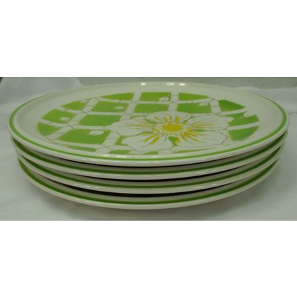 4 Rare 1970s Mikasa Everfresh C8402 Dinner Plate Set Green Bamboo Yellow Flower