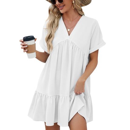 Beach Pleated Swing Mini Dress Top Plus Size V-Neck Woman's Smock Dress Summer