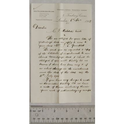1903 letter Gush Phillips Walters & Williams, London re Halsted family
