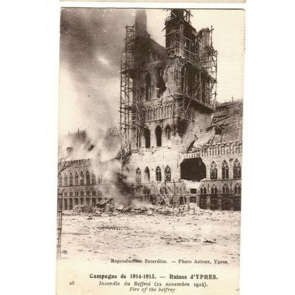 1914-5 POSTCARD Belgium "Ruines d'YPRES Fire of the Belfrey" posted 1915