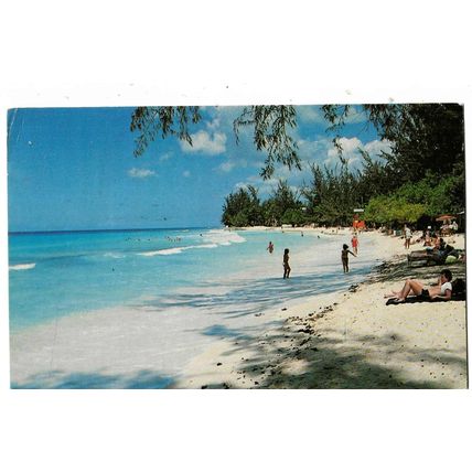 4 postcards lot Barbados beaches 1982/1983 posted stamps & 2 Cockspur Rum cards