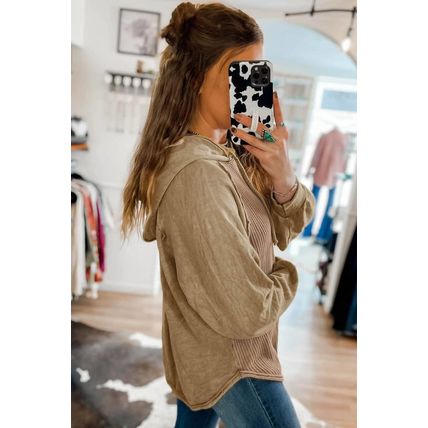 Khaki Waffled Expose Seam Drawstring Hoodie