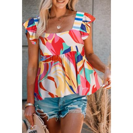 Multicolor Square Neck Abstract Print Tank Top