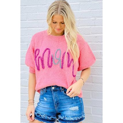 Bonbon Mom Tinsel Front Short Sleeve Sweater
