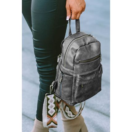 Gray Double Zipper Faux Leather Backpack