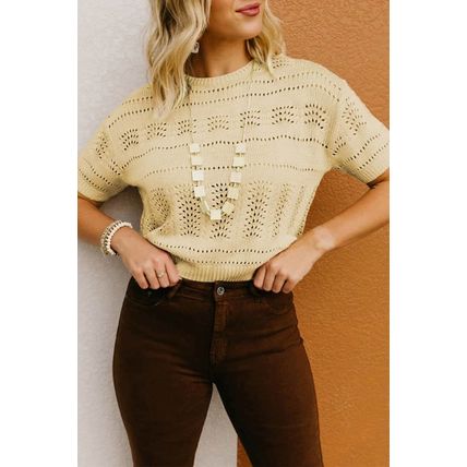 Beige Knitted Hollow out Short Sleeve Crop Sweater