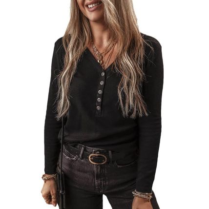 Black Buttoned V Neck Long Sleeve Ribbed Top