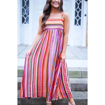 Multicolour Striped Thin Straps Smocked Back Boho Maxi Dress