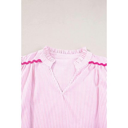 Pink Stripe Ricrac Trim Split Neck Striped Ruffled Sleeve Blouse