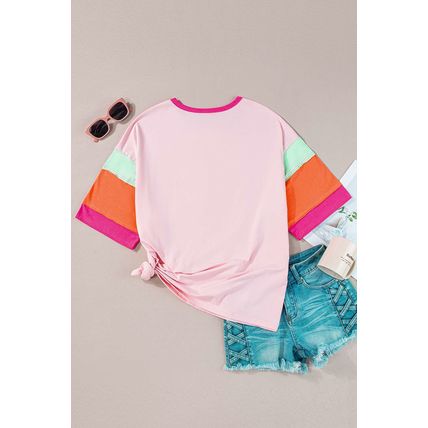 Pink Color Block Half Sleeve O Neck Plus Size T Shirt