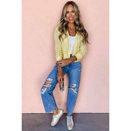 Yellow Cream Pointelle Knit Open Front Short Cardigan