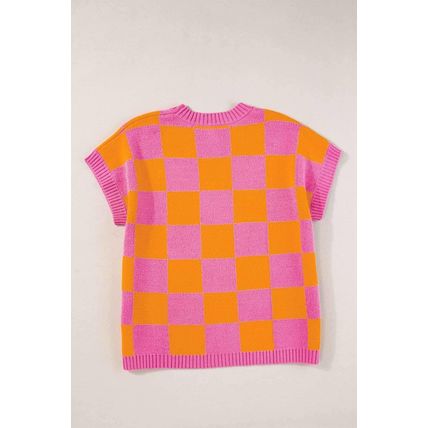 Strawberry Pink Colorblock Plaid Pattern Ribbed Trim Sweater Tank Top