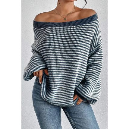 Sail Blue Striped Lantern Sleeve Drop Shoulder Cozy Sweater