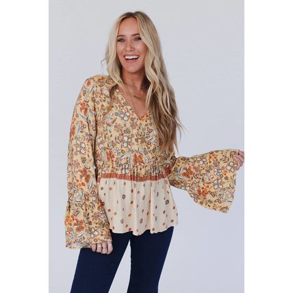 Yellow Printed Floral Bell Sleeve V Neck Wrapped Contrast Peplum Blouse
