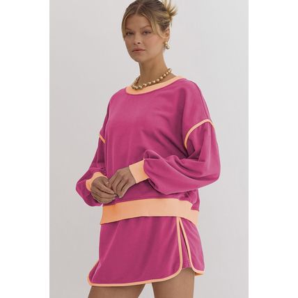 Rose Red Color Contrast Loose Pullover and Lace-up Waist Skort Set