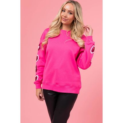 Bonbon Sequined Heart Patched Drop Shoulder Valentines Sweatshirt