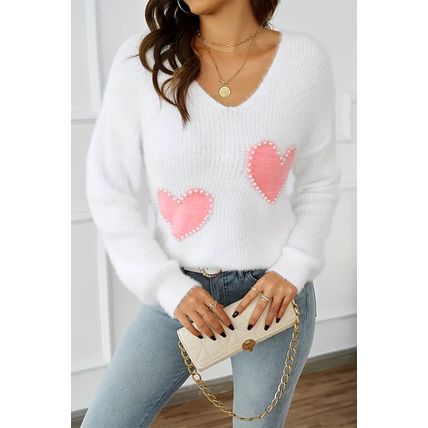White Pearl Beaded Heart Pattern Fuzzy V Neck Sweater