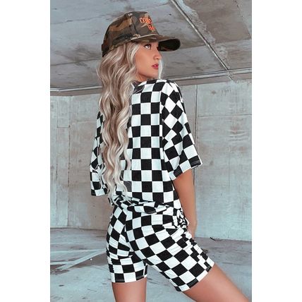Black Checkerboard Print V Neck Loose Tee and Shorts Lounge Set