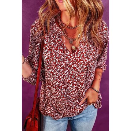 Biking Red Floral Print Smocked Tie Neck Blouse