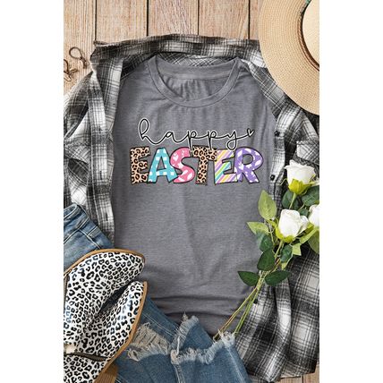Gray Happy EASTER Lettering Graphic Crewneck Tee