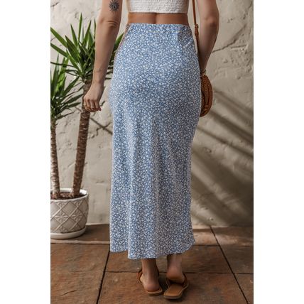 Sky Blue Boho Floral High Waist Long Skirt with Side Split
