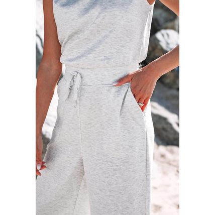 Light Grey Solid Color Crew Neck Drawstring High Waist Sleeveless Jumpsuit