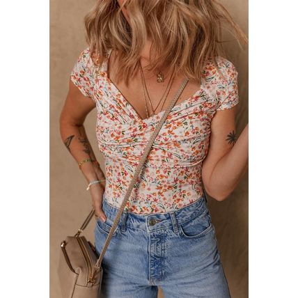 Orange Short Sleeve Floral Ruched Sweetheart Bodysuit