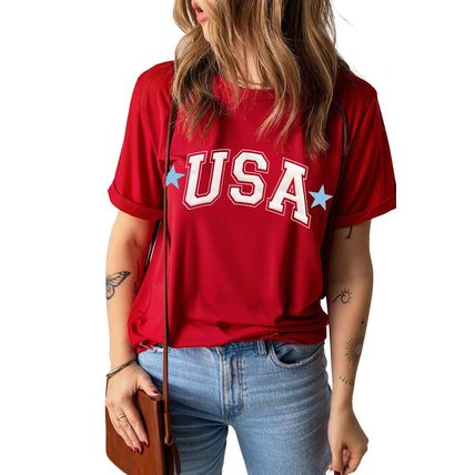 Red Star USA Print Crewneck Patriotic T Shirt