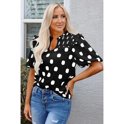 Black Polka Dot Print Shirred Yoke Notched Neck Balloon Sleeve Blouse