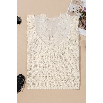Beige Embroidered Patchwork Hollow Out Knitted Ruffle Sweater Vest