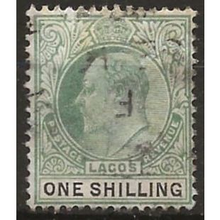 Lagos 1904 SG60 1/- Green & Black Wmk Crown CA Good Used (slight rub) .