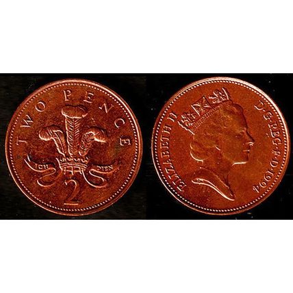 United Kingdom Two Pence 1994 Used Coin 2d QE II UK